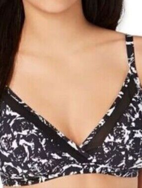 NWT DKNY Triangle Bikini Top Black White Roses Print Mesh Detail Size XL